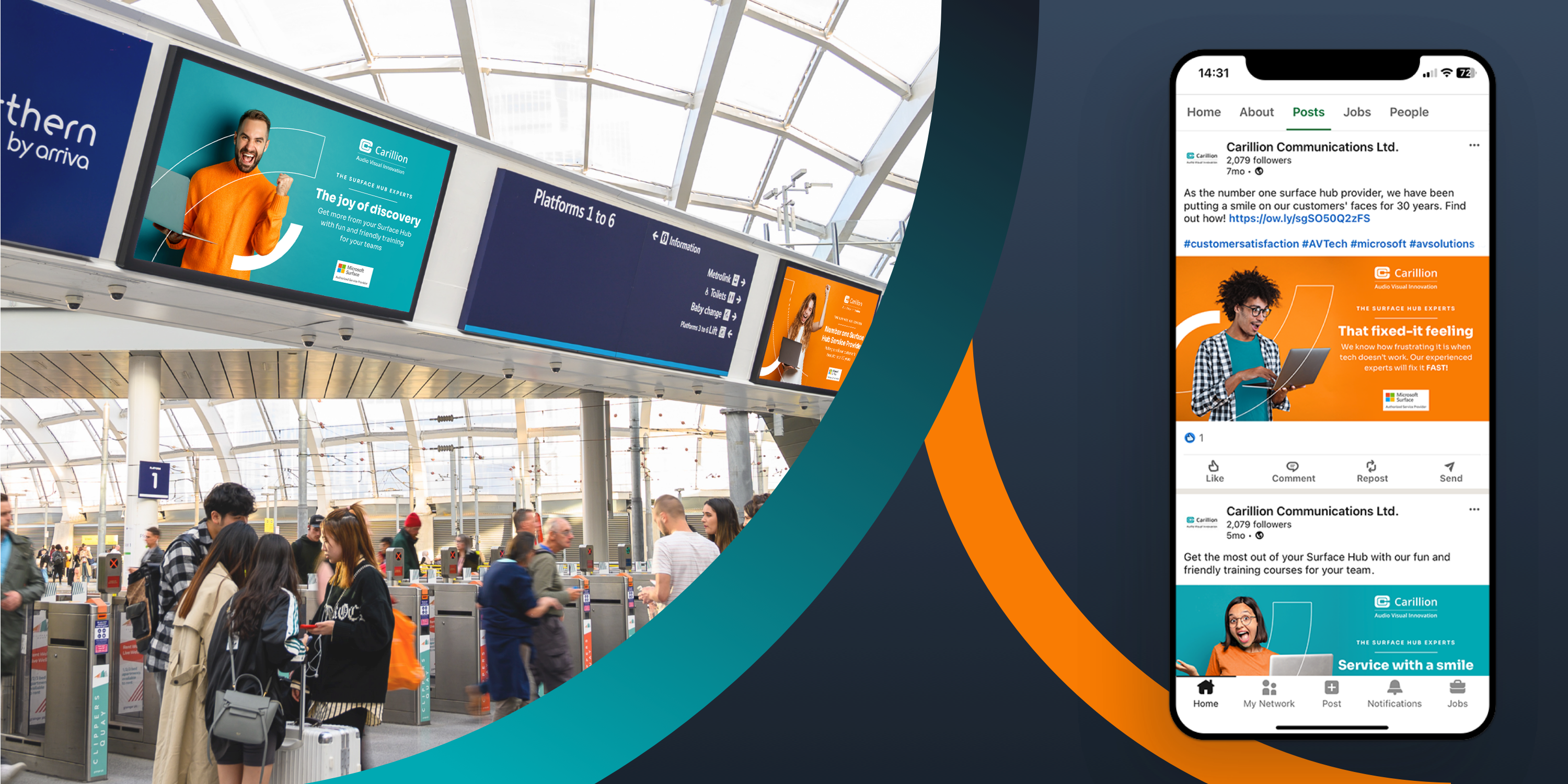 Carillion campaign graphics on billboards at a train station and a phone showing the socials for the campaign