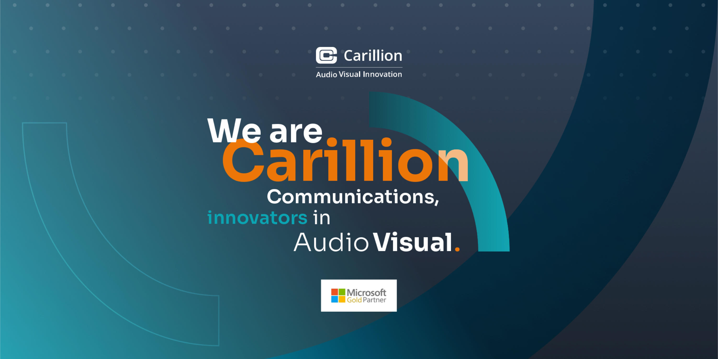We are Carillion Communications, innovators in audiovisual written on a blue background with segments of circles 