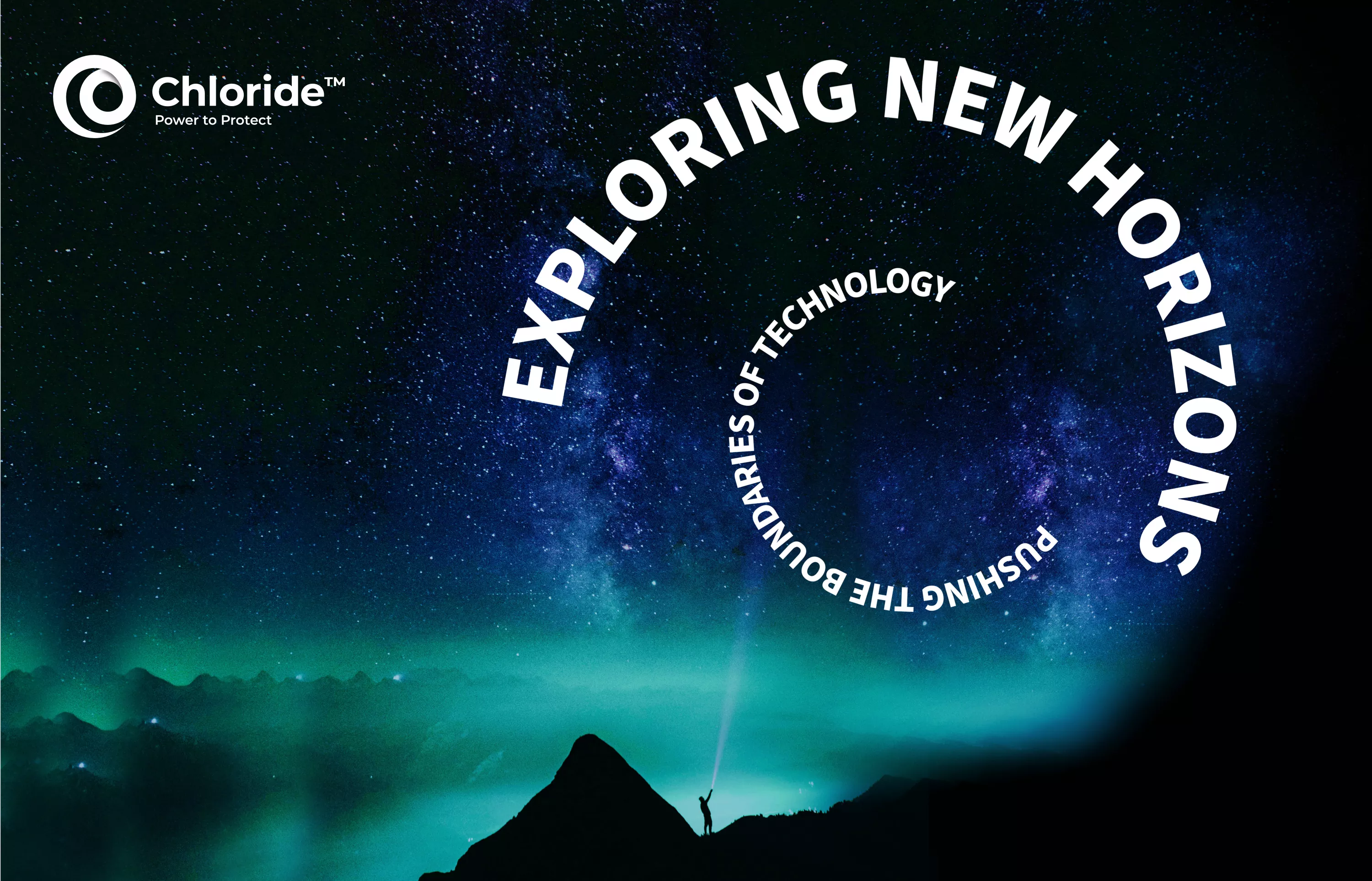 Mountain silhouetted against a starry night sky overlayed with text following the new Chloride brand design