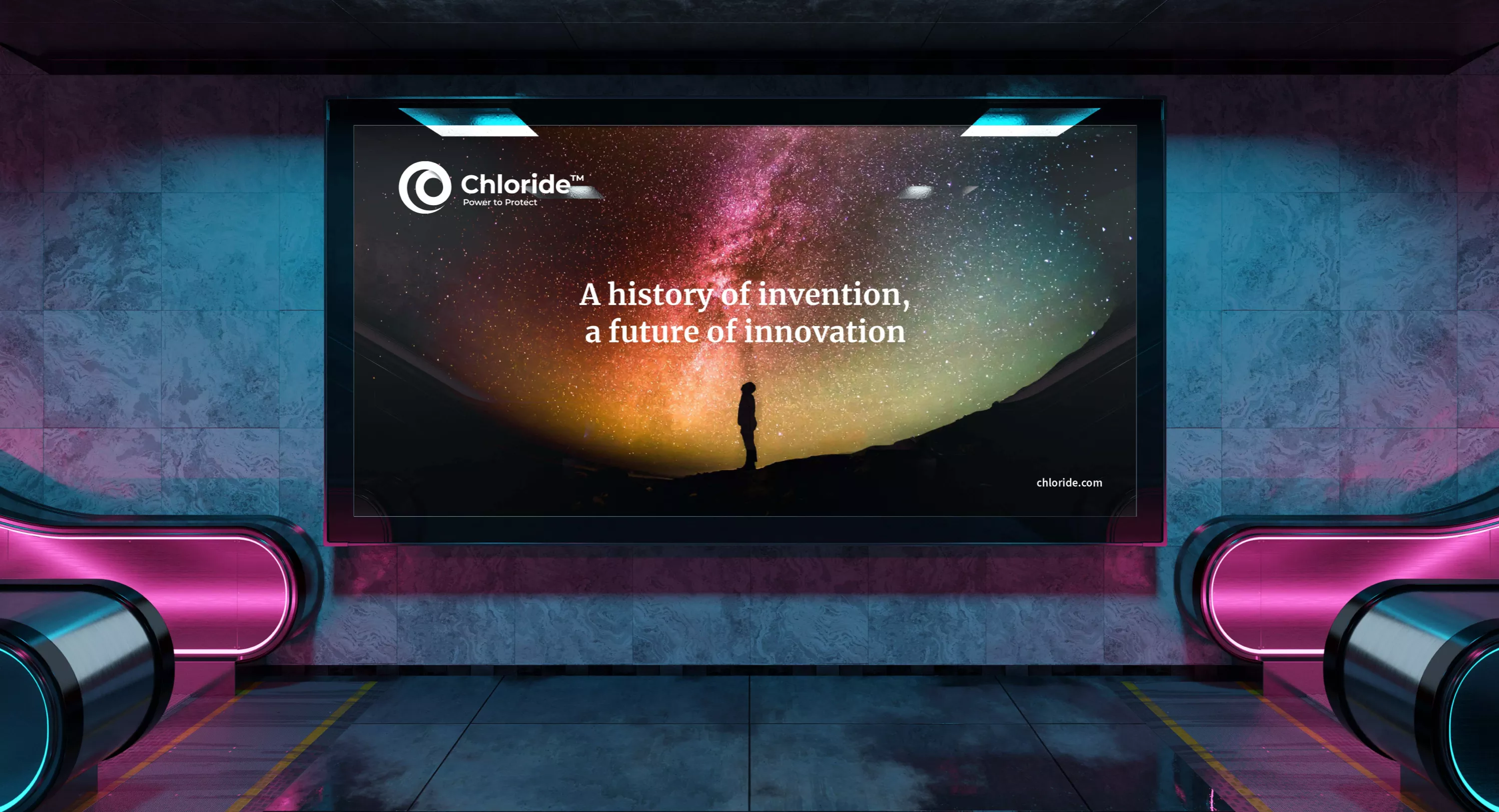 Billboard in a mountain silhouetted against a starry night sky at a the end of escalators