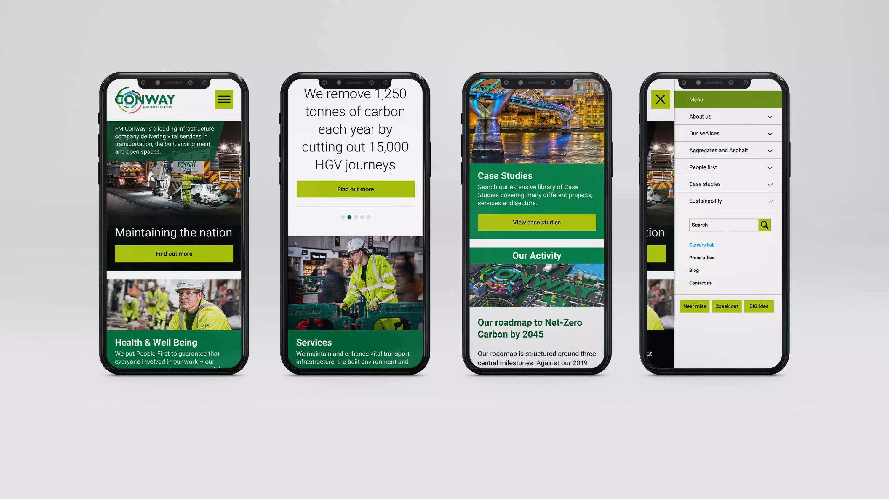 Four phones showing the newly designed FM Conway website