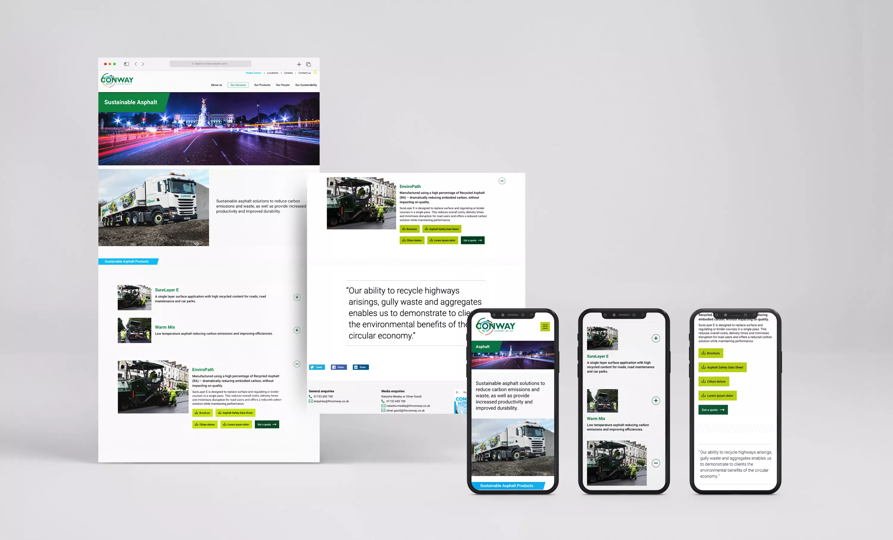 FM Conway's Sustainable Asphalt page on a computer and across three mobile phone
