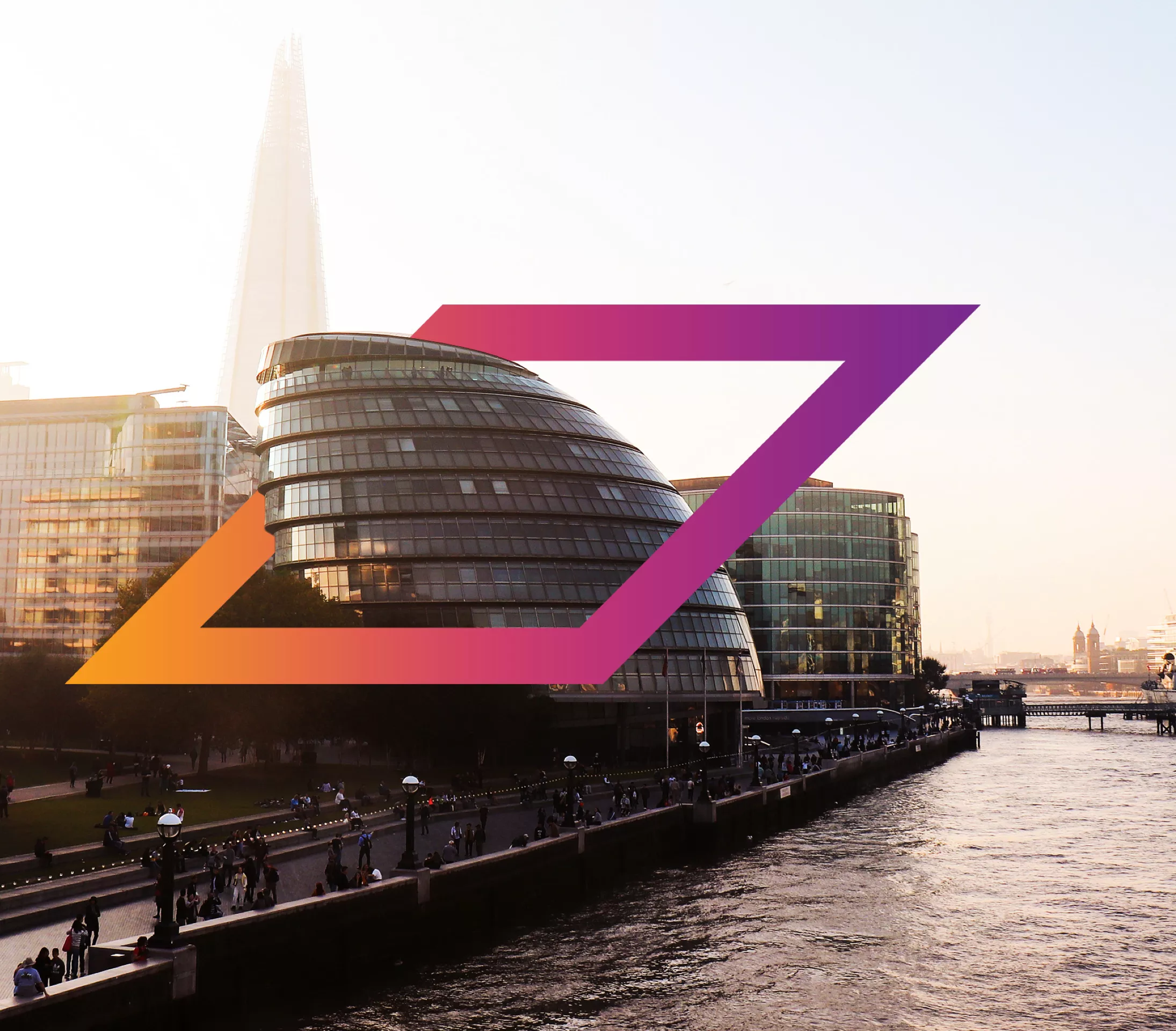 The mayor's office for policing and crime with an orange and purple Rhombus surrounding the top floors