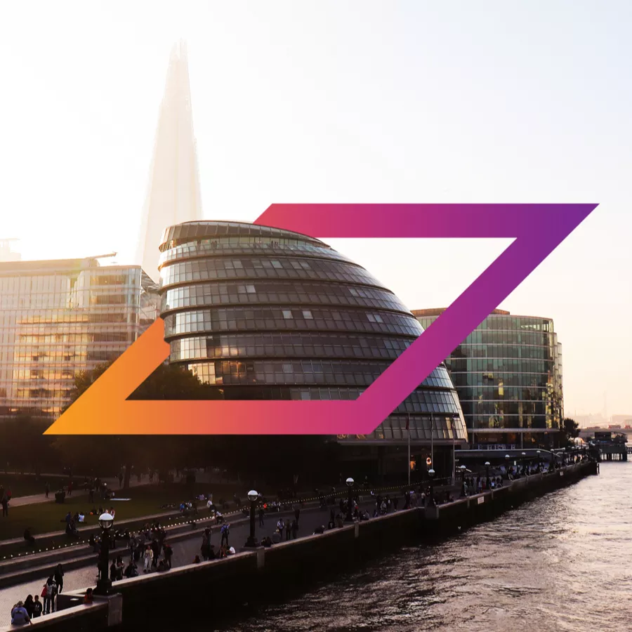The mayor's office for policing and crime with an orange and purple Rhombus surrounding the top floors