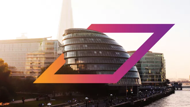 The mayor's office for policing and crime with an orange and purple Rhombus surrounding the top floors
