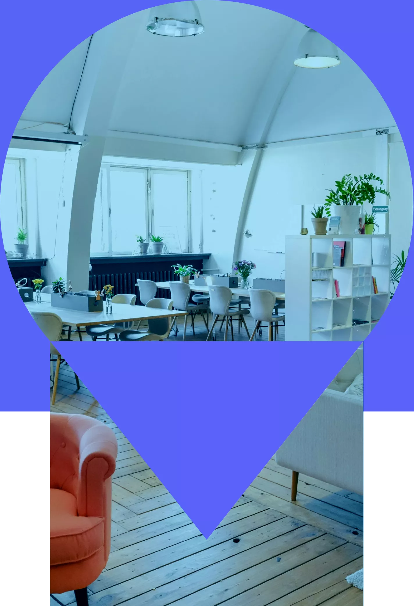 An office space overlayed with a blue circle and triangle