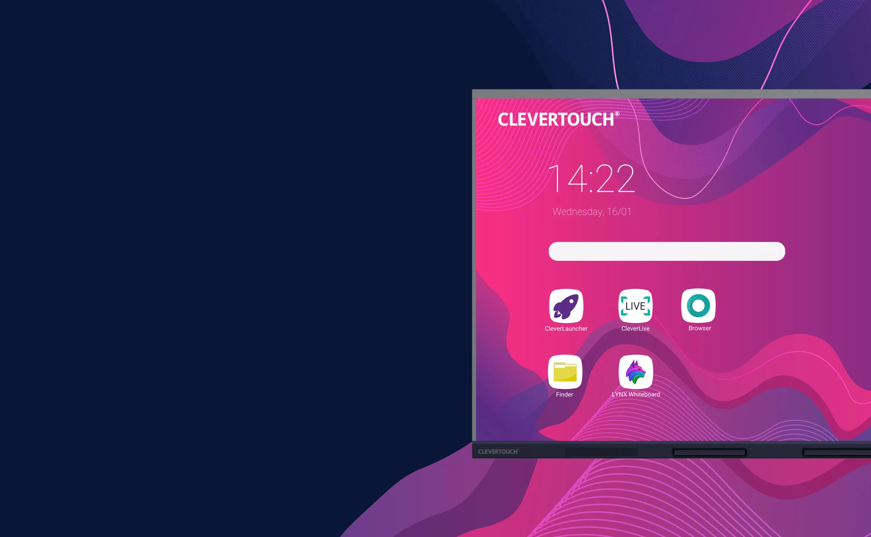 The left half of a Clevertouch screen featuring the new branding for a classroom display