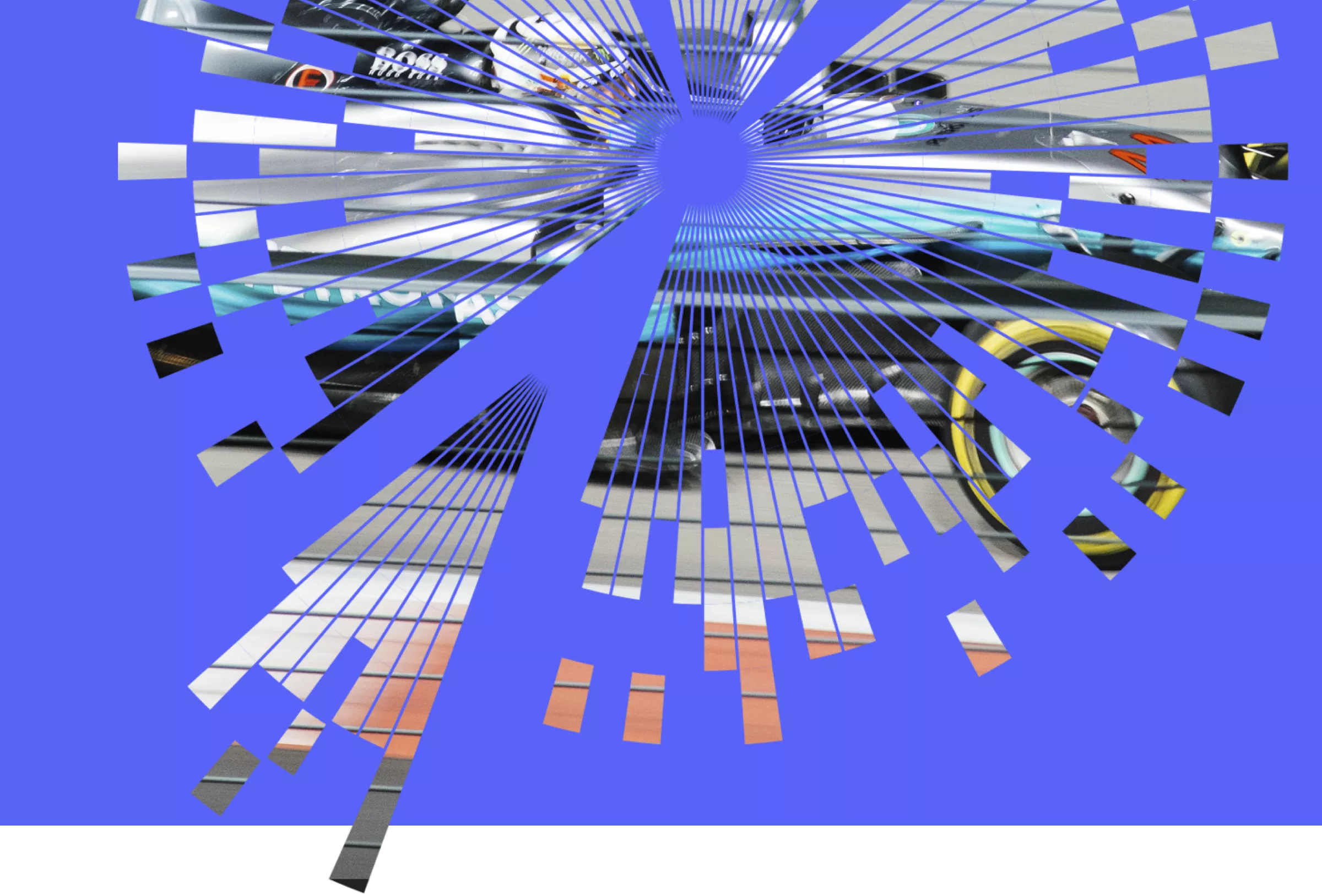 A stylised F1 car in motion with geometric cutouts, motion blur and a bold blue background