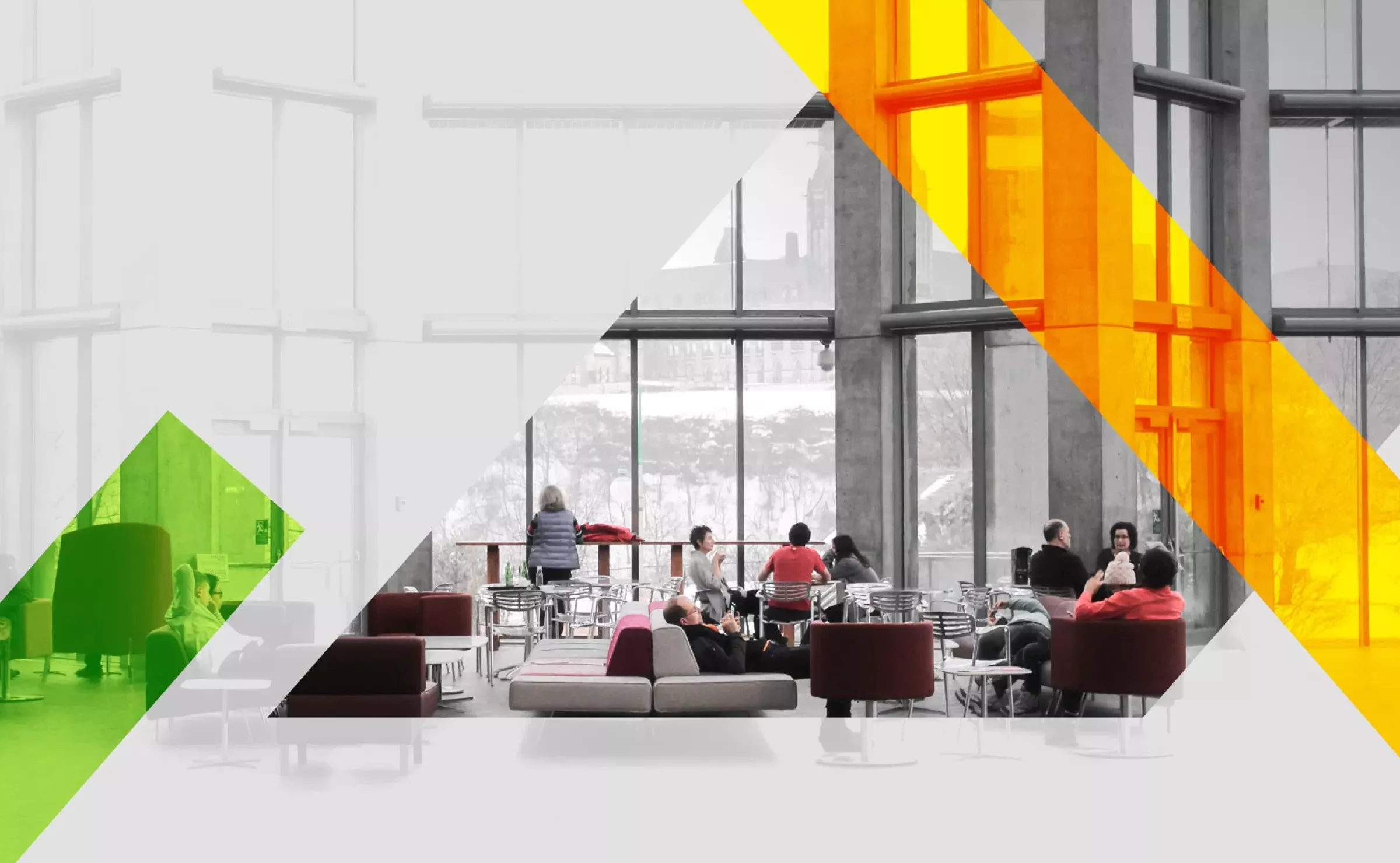 An open communal area with soft furnishings overlayed with two orange and green stripes