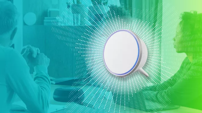Futuristic speakerphone with glowing sound waves over a blurred office meeting scene, symbolising clear communication