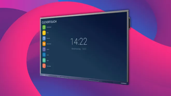 A Clevertouch interactive screen on a pink and purple swirled background