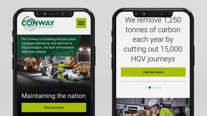 Two phones showing the newly designed FM Conway website