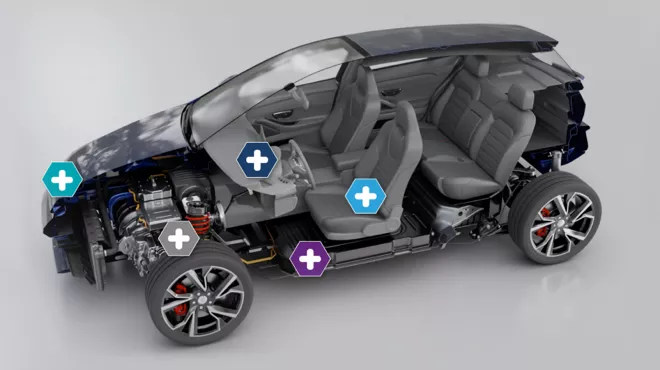 A cross-section of a car