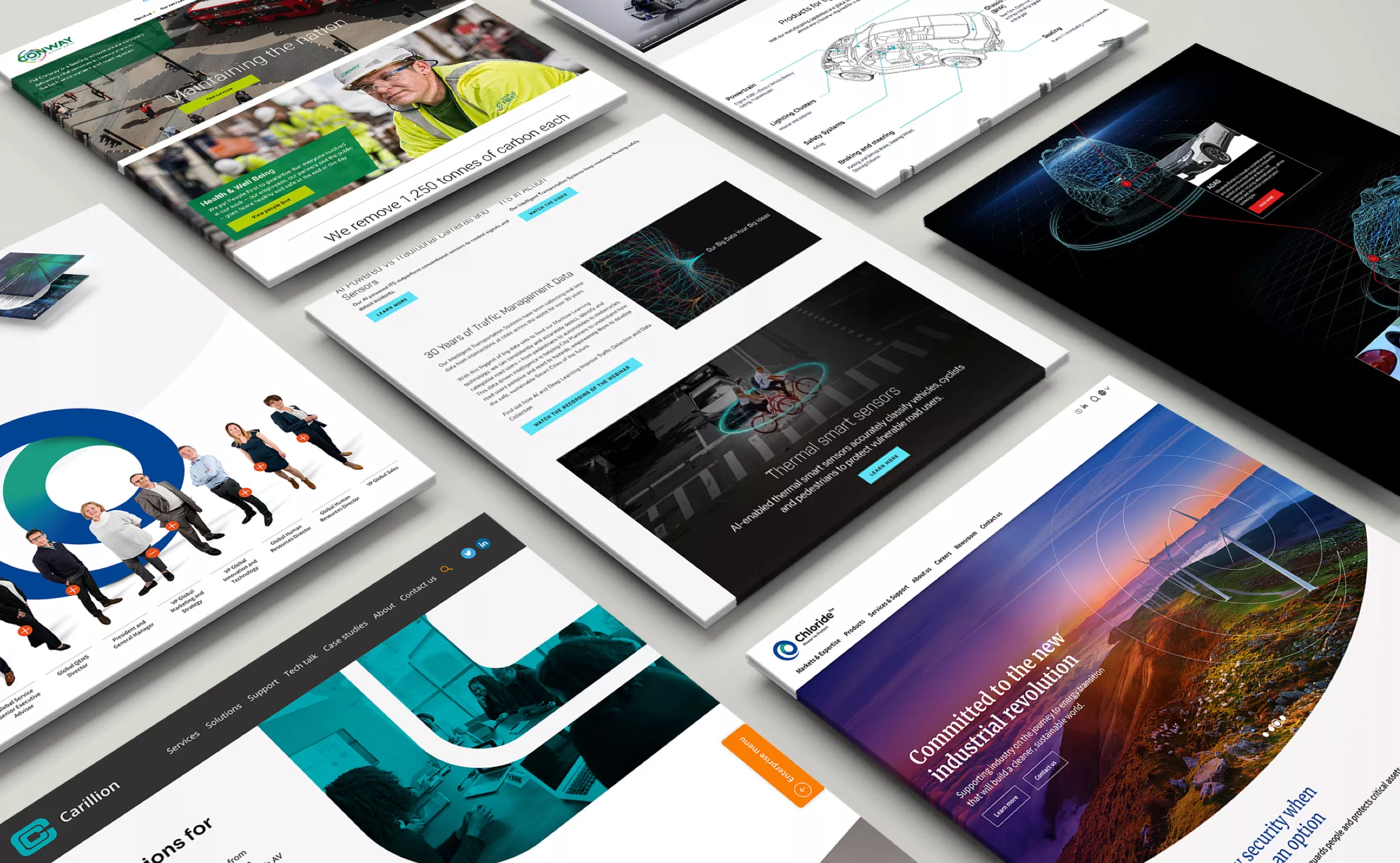 Mock-ups of the FM Conway, Chloride, Flir, Carillion and Mitsibushi websites